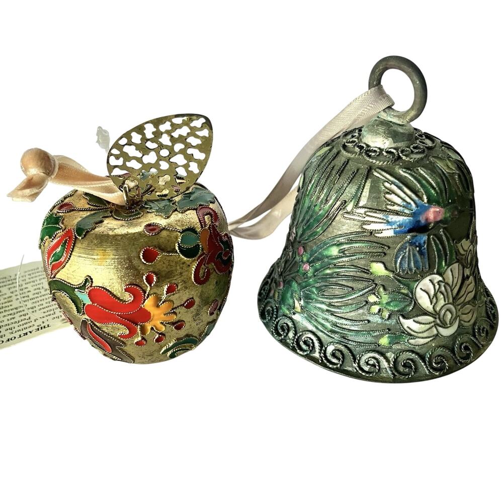 Vintage Cloisonné Ornaments Silver Bell & Gold Apple Enameled Metal Floral - 2